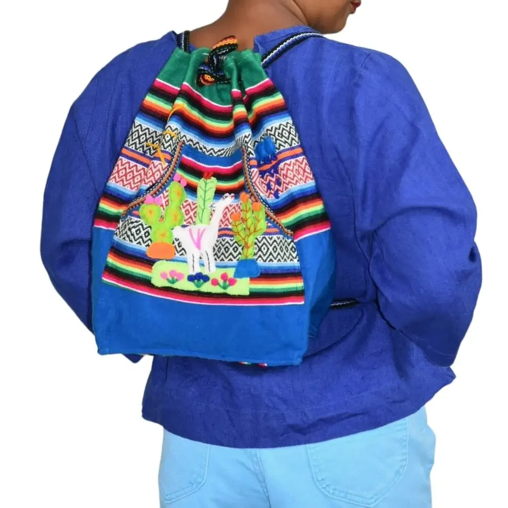 Arpilleras Backpack Blue Woven Blanket Peru Alpaca Folk Art Patchwork Burlap